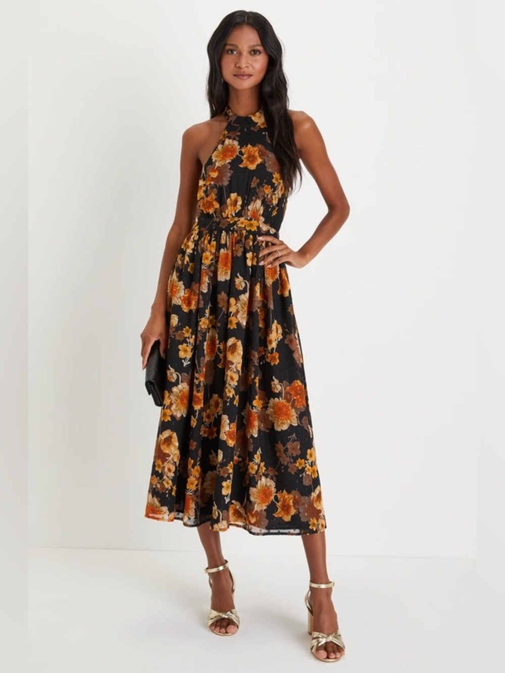 Charming Vision Black Floral Swiss Dot Lurex Halter Midi Dress